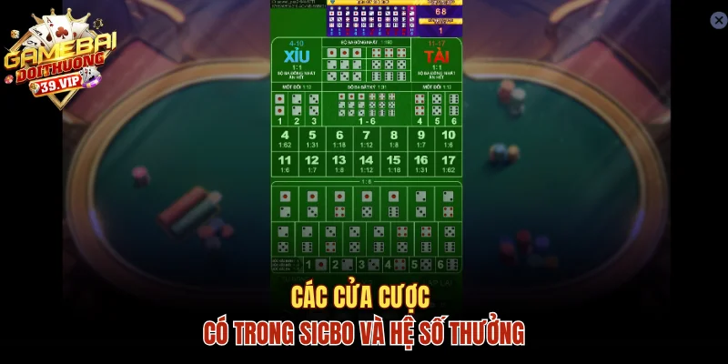 Các cửa cược có trong sicbo và hệ số thưởng