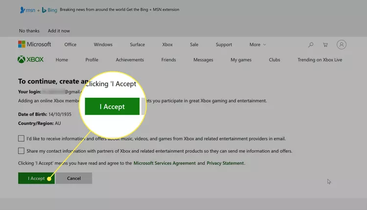پذیرفتن قوانین در آموزش ساخت اکانت Xbox